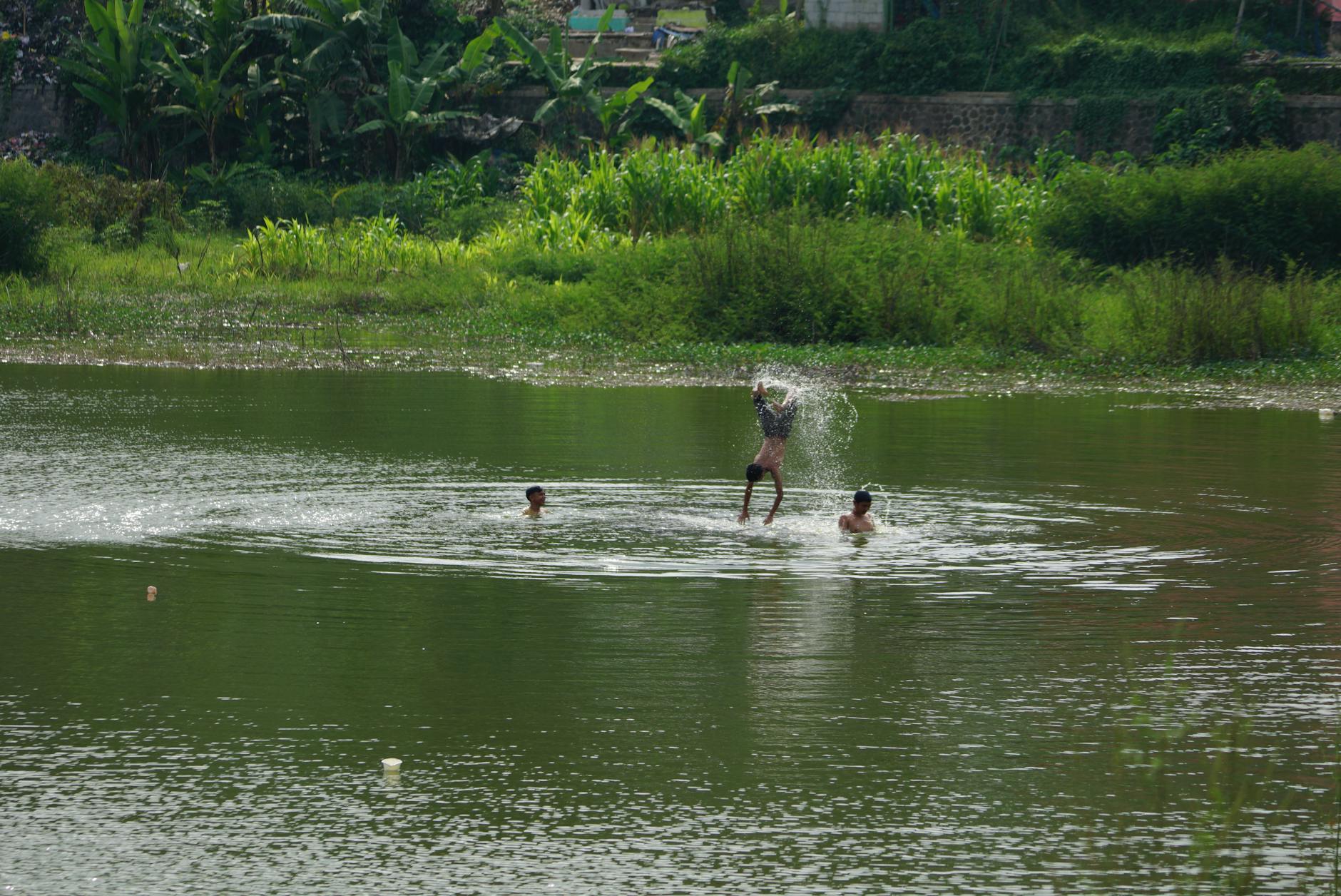 Co robić, gdy dziecko znudzi się łowieniem: plan B, który nadal trzyma przy wodzie Spokojne jezioro z przejrzystą wodą i zielonym brzegiem